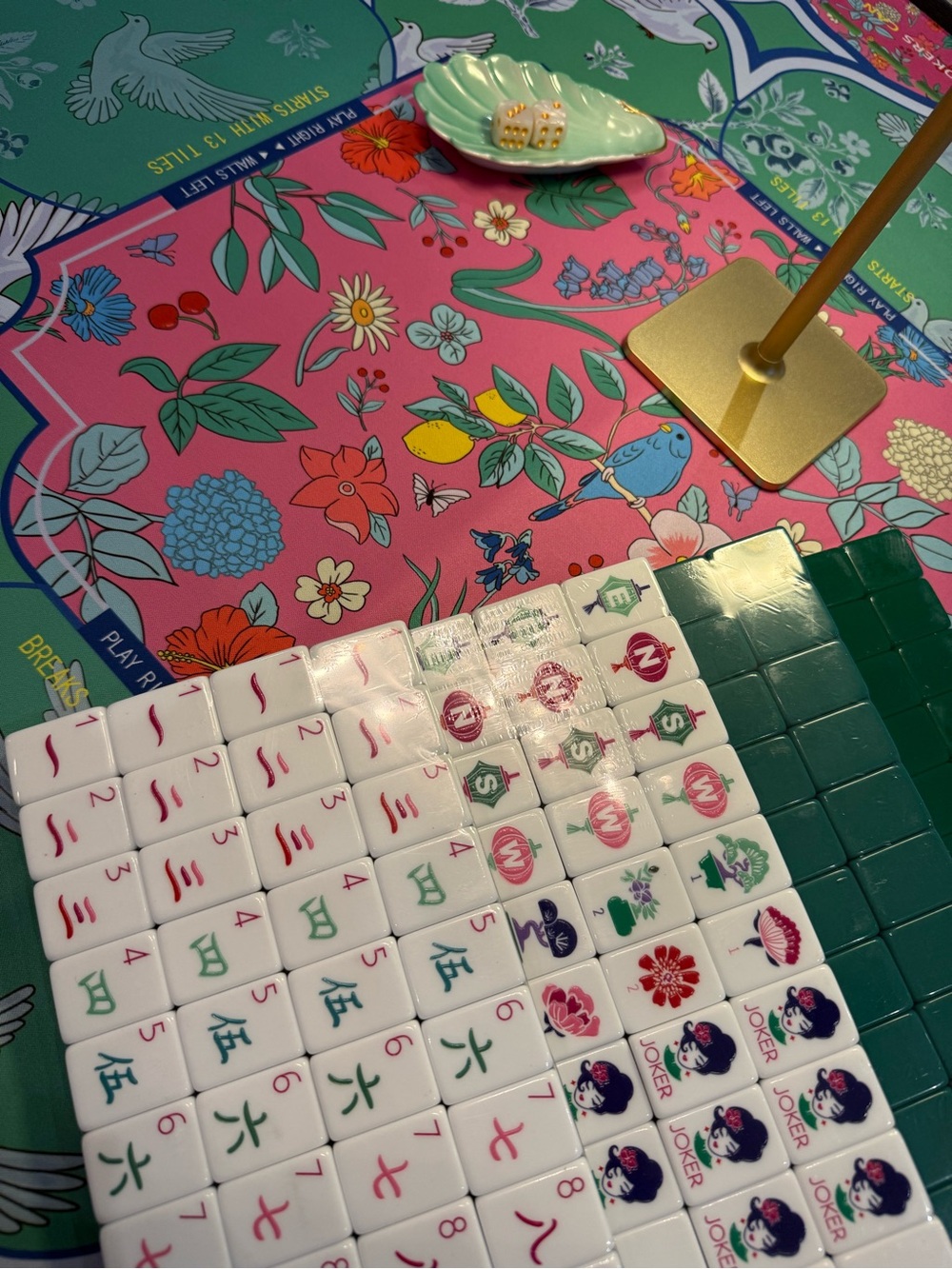 Mahjong Tile Set - Floral Pink Game Mat with Green Tiles